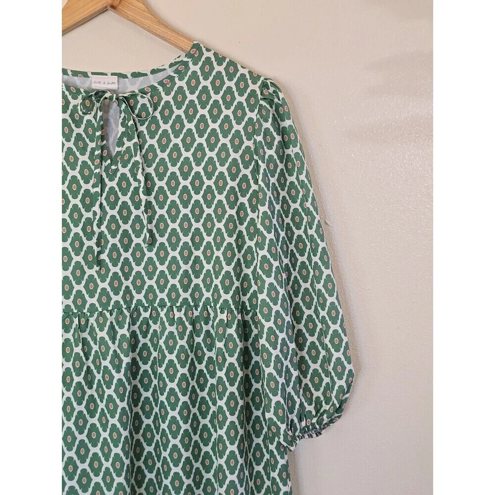 Silk & Salt Midi Dress Womens M Green Boho Tiered Peasant 3/4 Sleeve - Picture 3 of 14
